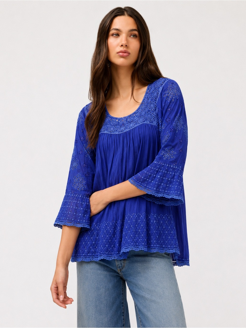 Johnny Was- Embroidered Scoop-Neck Peasant Top / Tunic - Cobalt Blue
